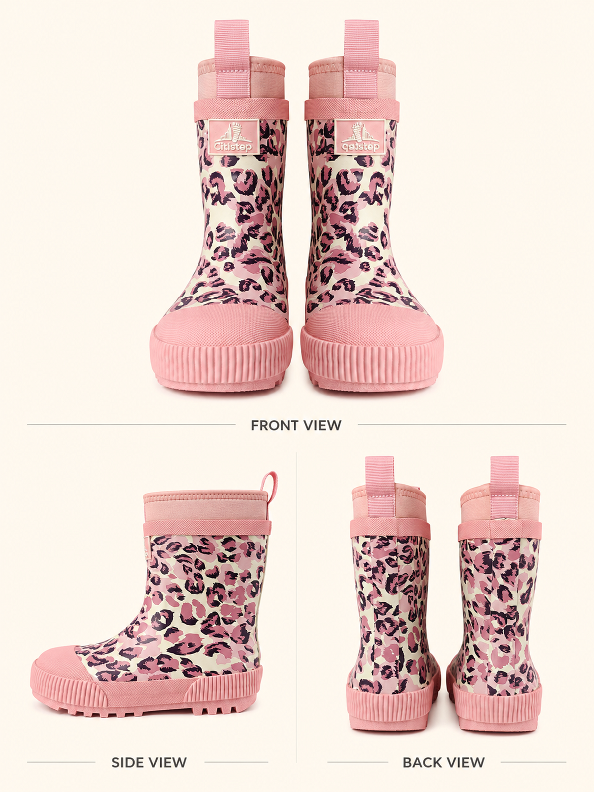 CITISTEP Brown & Cream Winter Rain Boots for Kids-Pink Leopard
