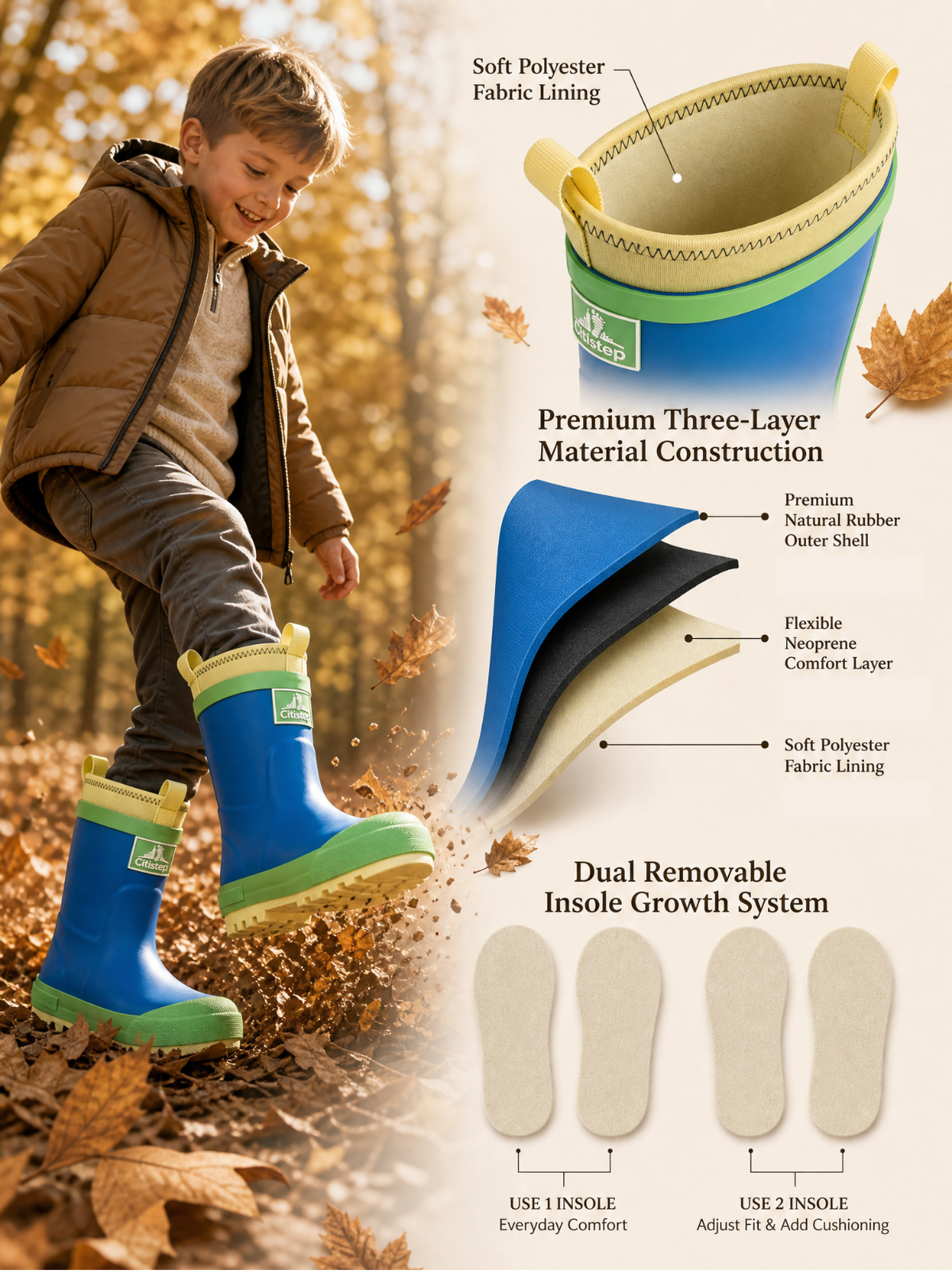CITISTEP Brown & Cream Winter Rain Boots for Kids-Grass&Sky