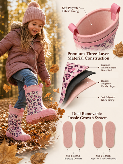 CITISTEP Brown & Cream Winter Rain Boots for Kids-Pink Leopard