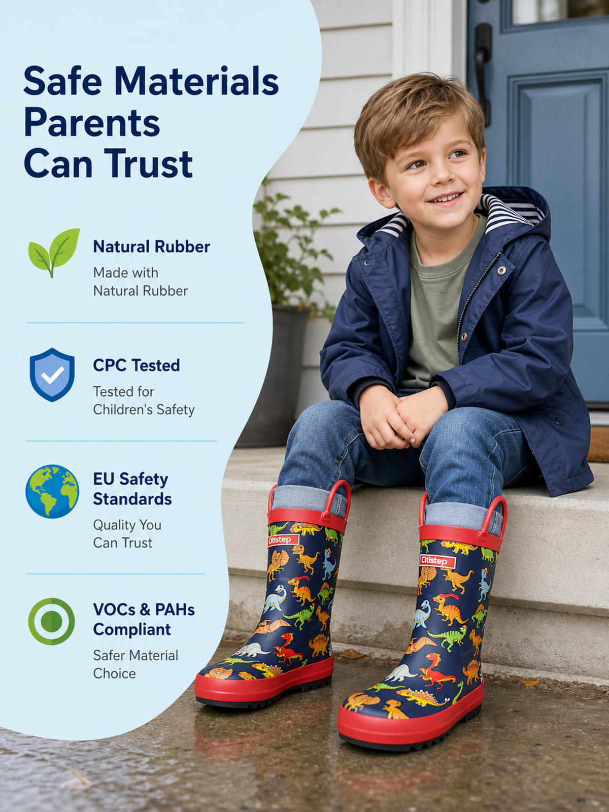 CITISTEP Printed Rain Boots for Kids-Dinosaur