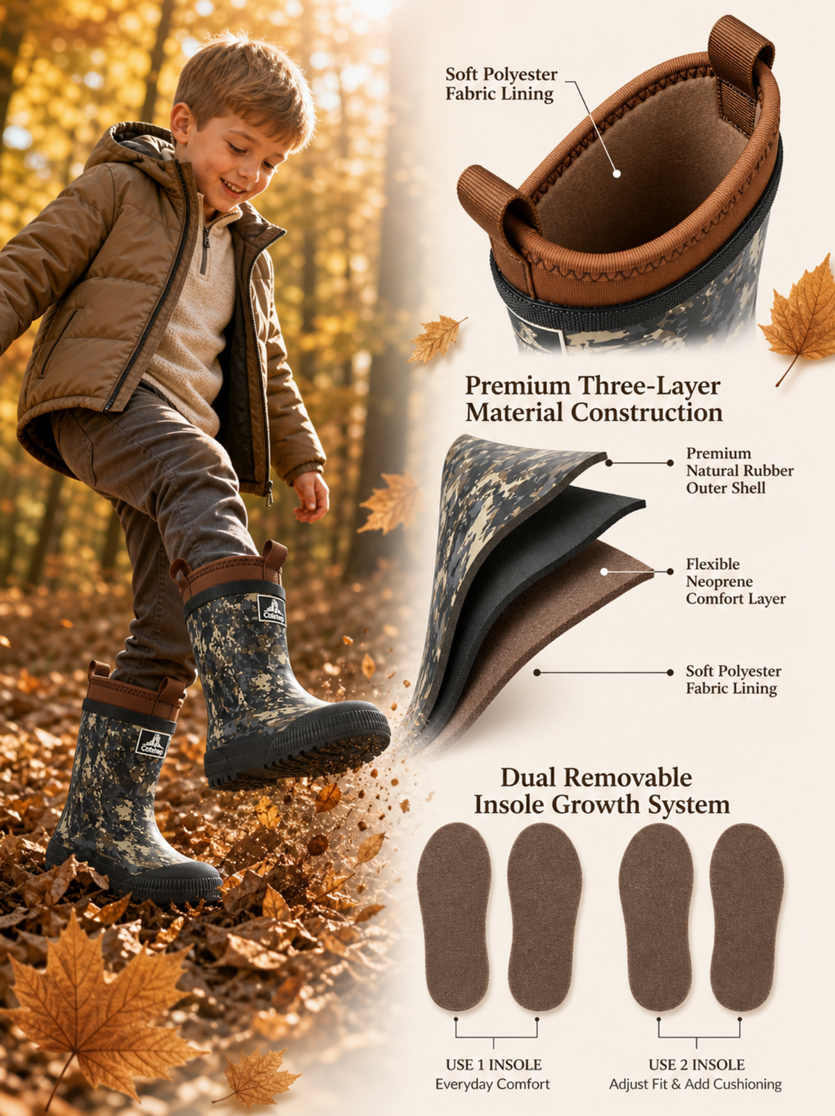 CITISTEP Brown & Cream Winter Rain Boots for Kids-Jungle Camo