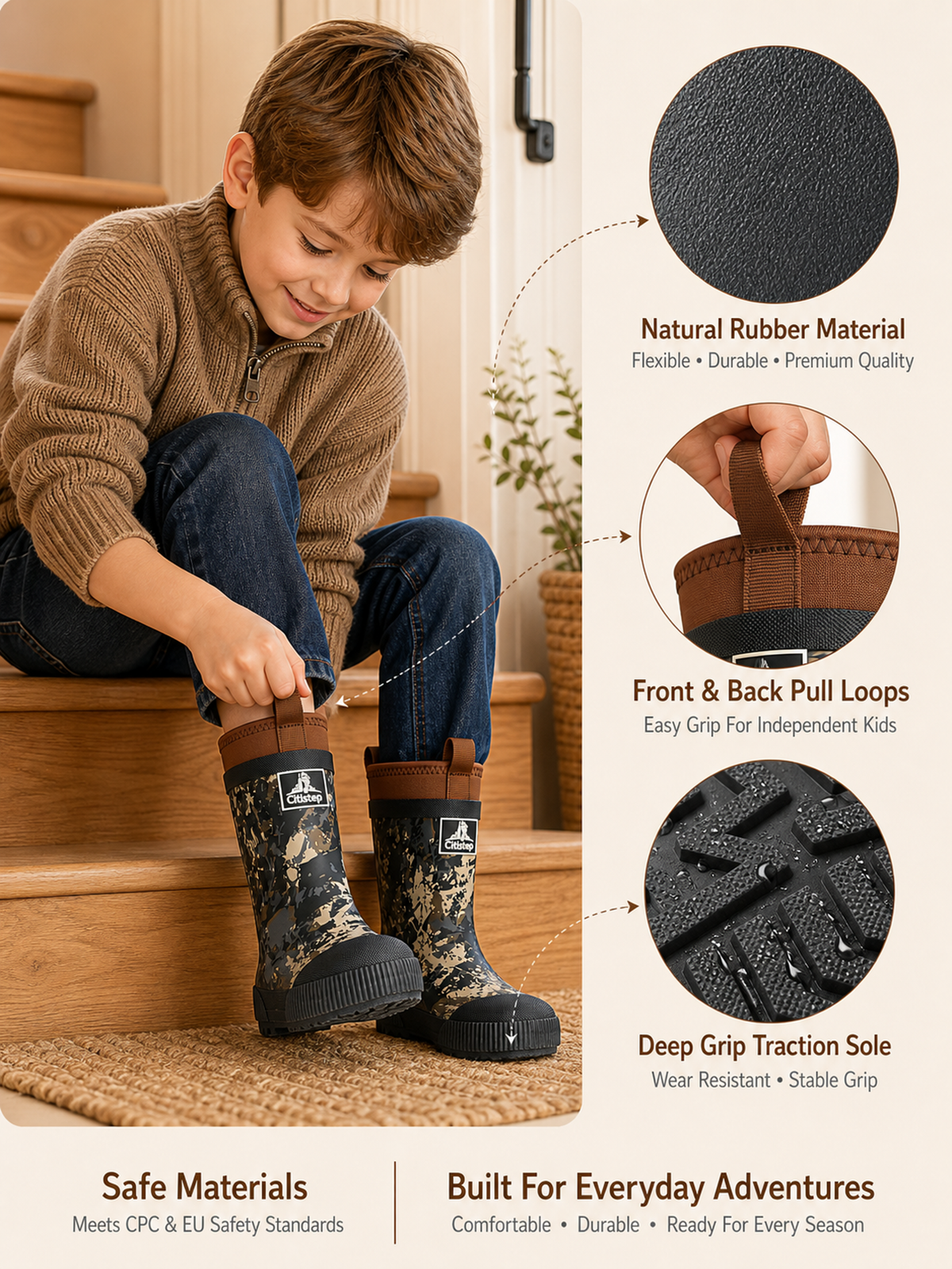 CITISTEP Brown & Cream Winter Rain Boots for Kids-Jungle Camo