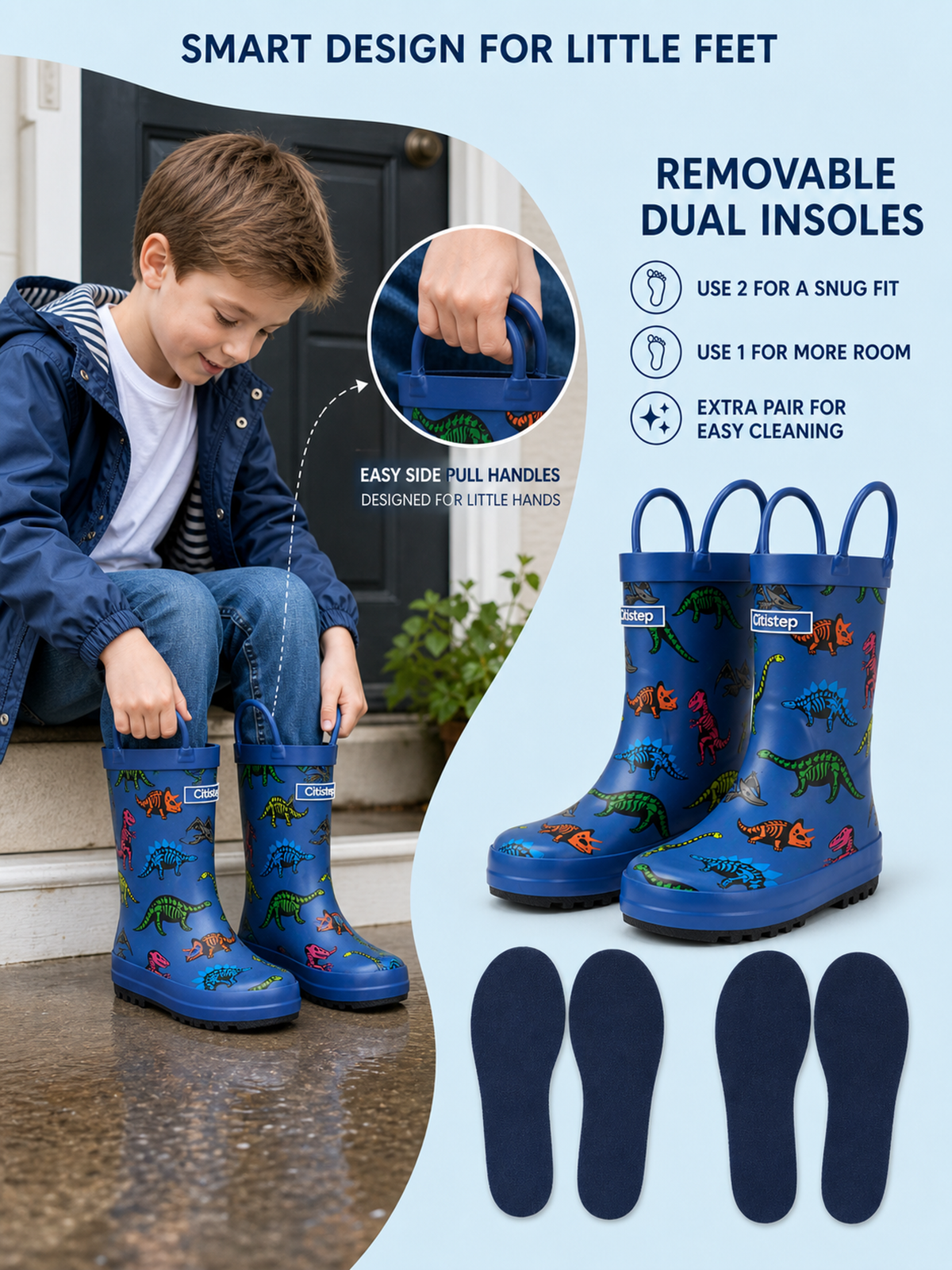 CITISTEP Printed Rain Boots for Kids-Dino Bone Secret