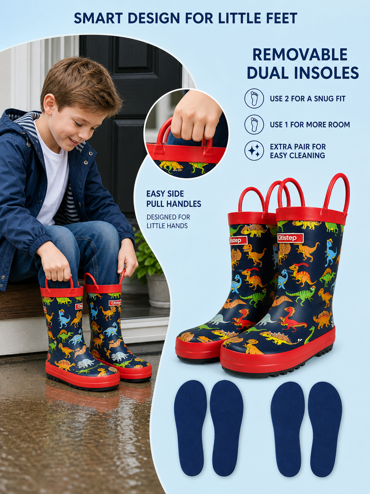 CITISTEP Printed Rain Boots for Kids-Dinosaur