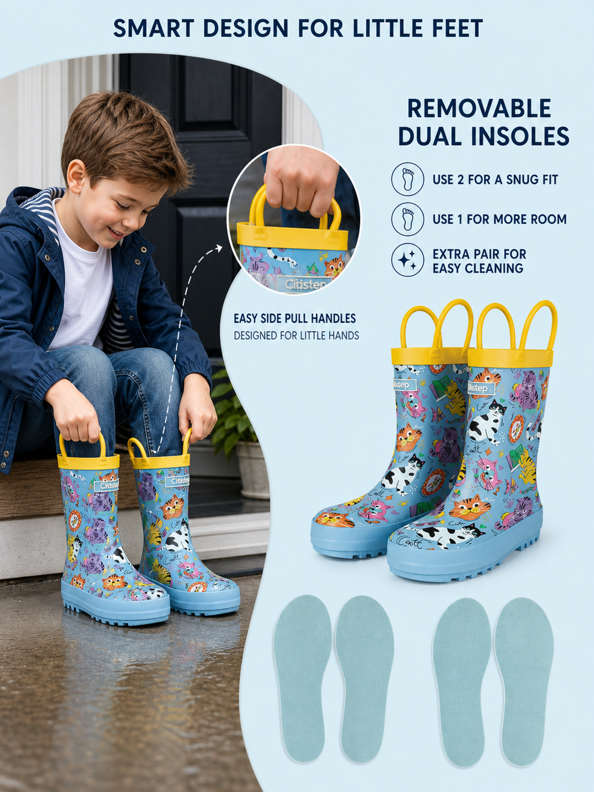 CITISTEP Printed Rain Boots for Kids-Cat