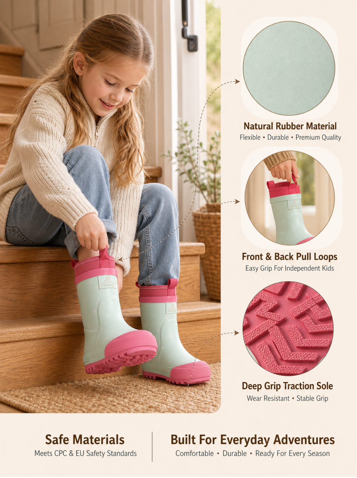 CITISTEP Brown & Cream Winter Rain Boots for Kids-Dot