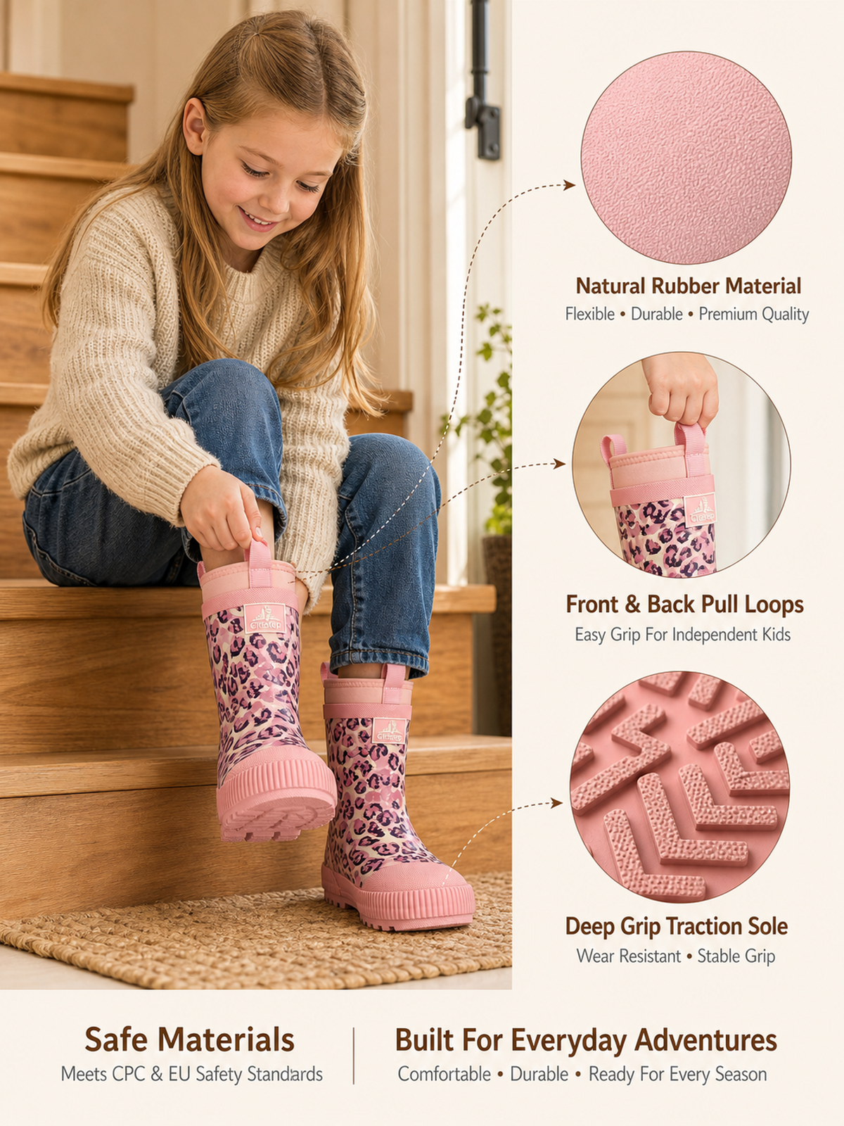 CITISTEP Brown & Cream Winter Rain Boots for Kids-Pink Leopard