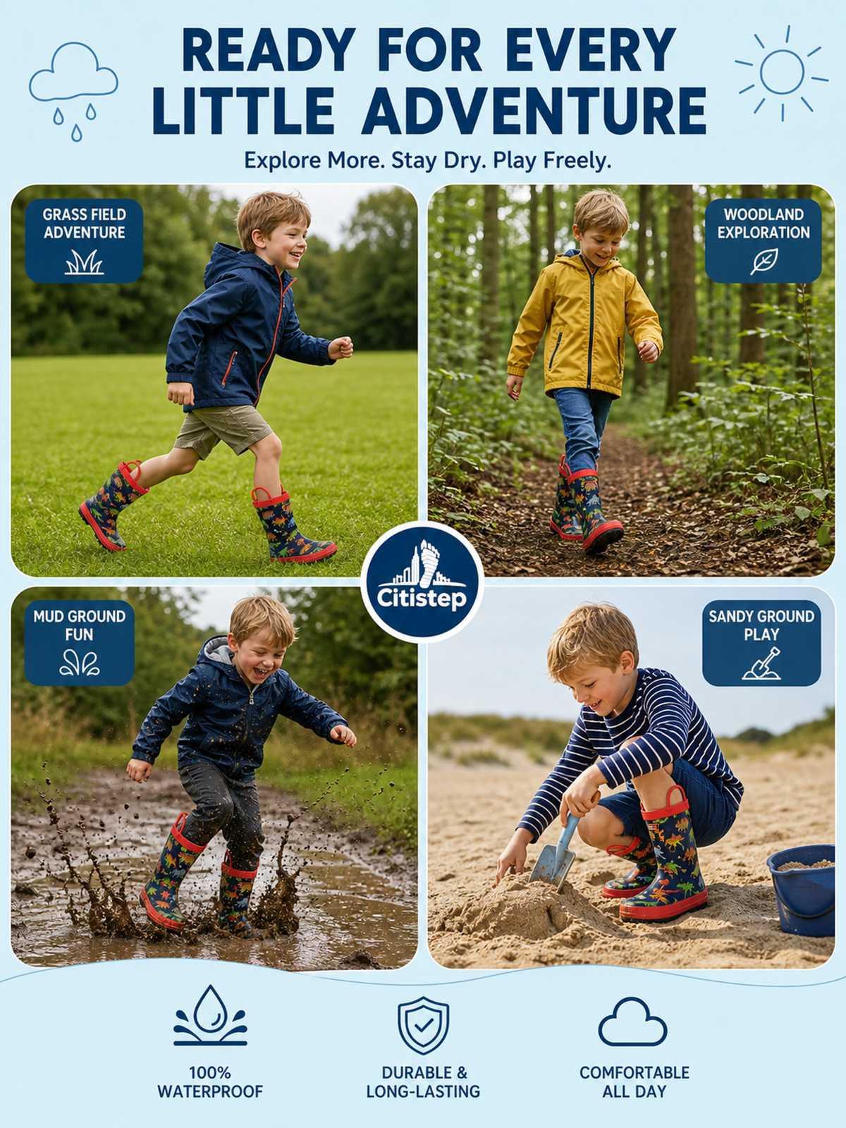 CITISTEP Printed Rain Boots for Kids-Dinosaur