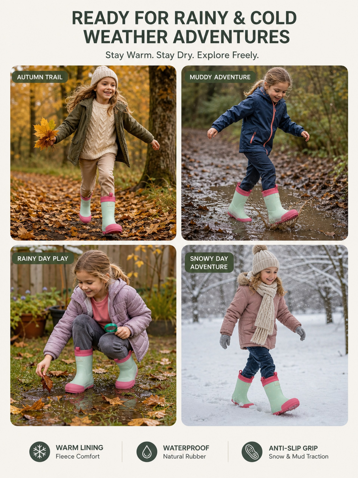 CITISTEP Brown & Cream Winter Rain Boots for Kids-Dot