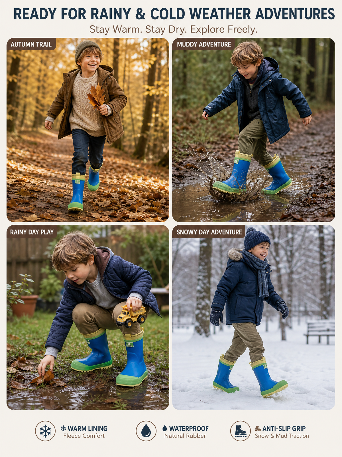 CITISTEP Brown & Cream Winter Rain Boots for Kids-Grass&Sky