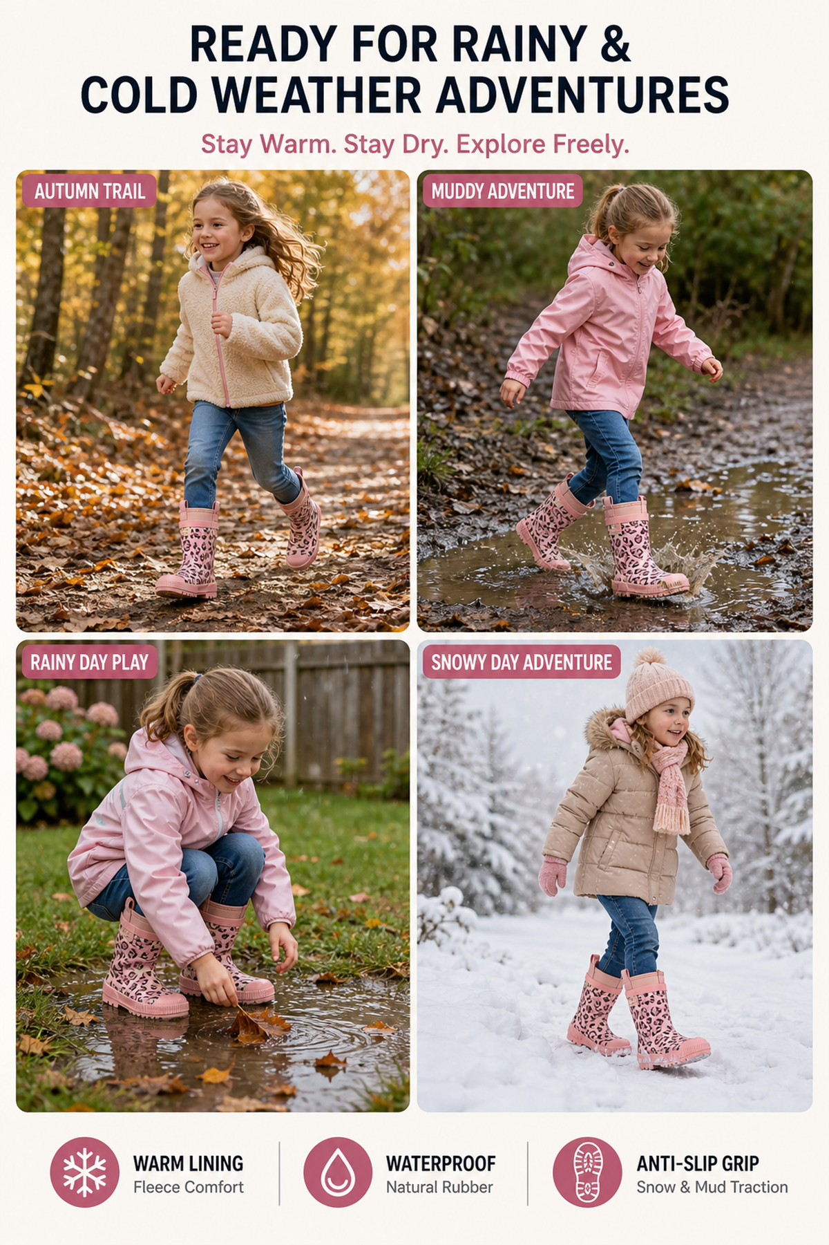 CITISTEP Brown & Cream Winter Rain Boots for Kids-Pink Leopard
