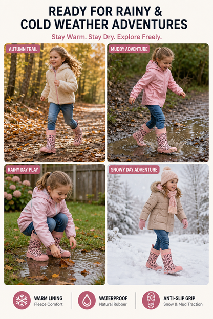 CITISTEP Brown & Cream Winter Rain Boots for Kids-Pink Leopard