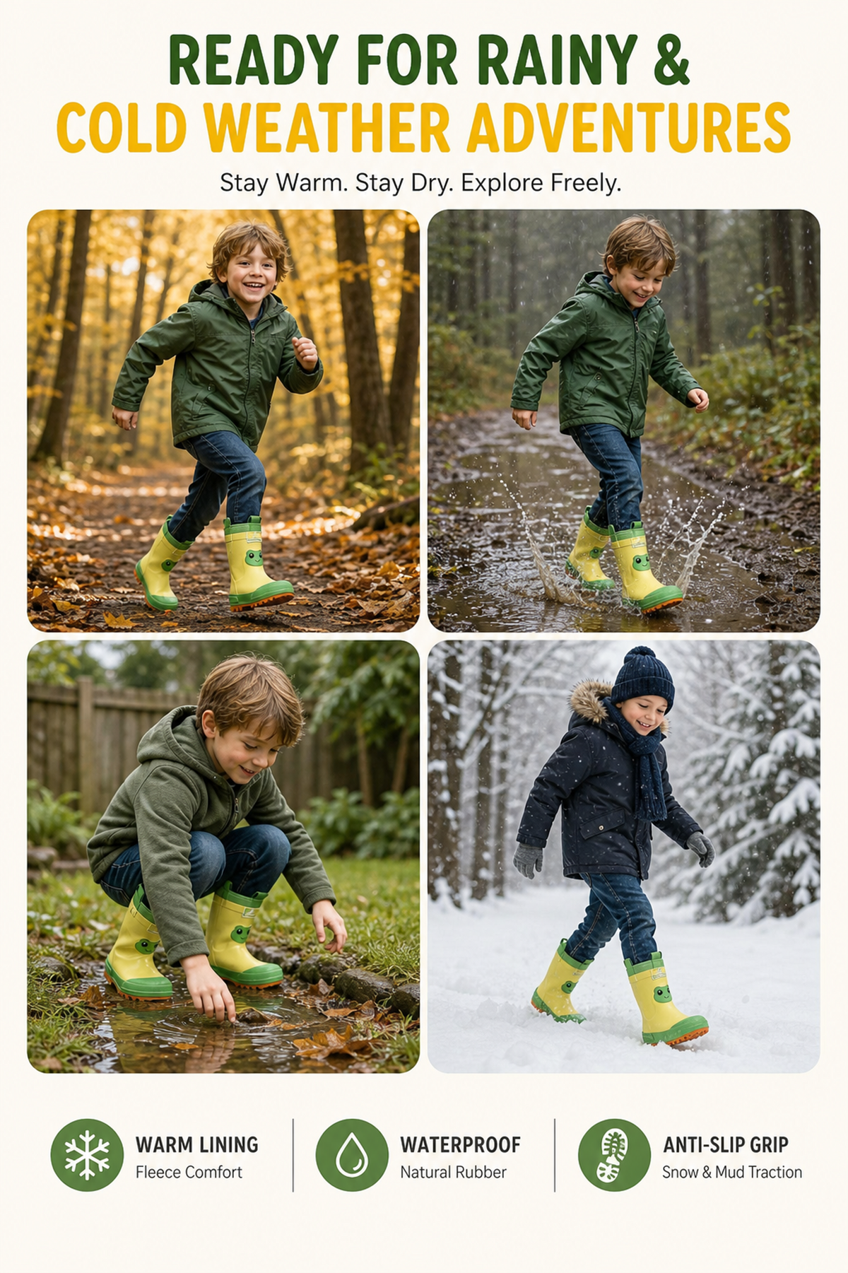 CITISTEP Brown & Cream Winter Rain Boots for Kids-Frog